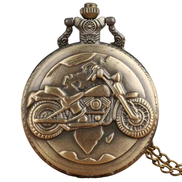 Motorcycle Pocket Watch Bronze Flip Open Pendant Chain Moto Steampunk Watch - Picture 2 of 16